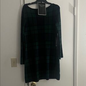 Tahari Green and Black Plaid Long-Sleeve Dress